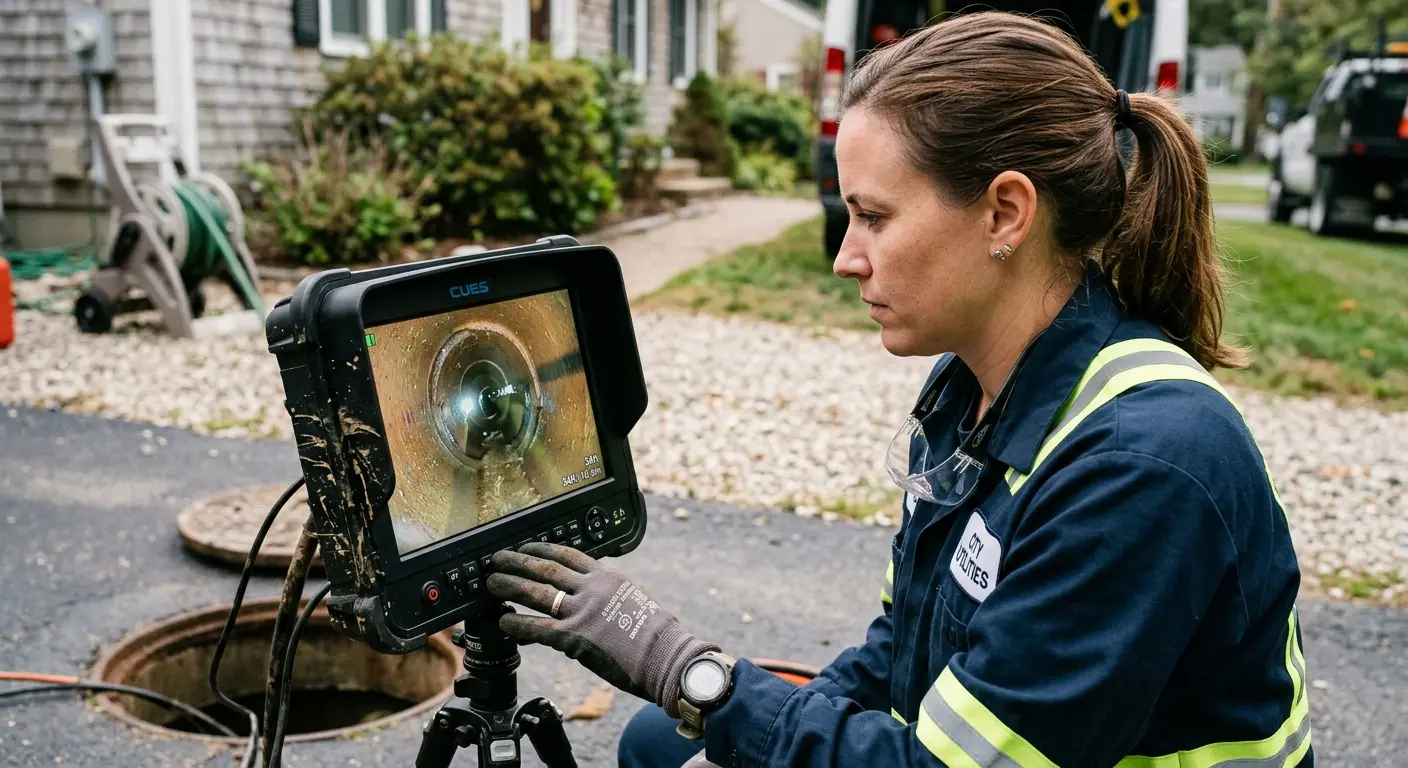 Technician reviewing sewer camera inspection footage in Paris