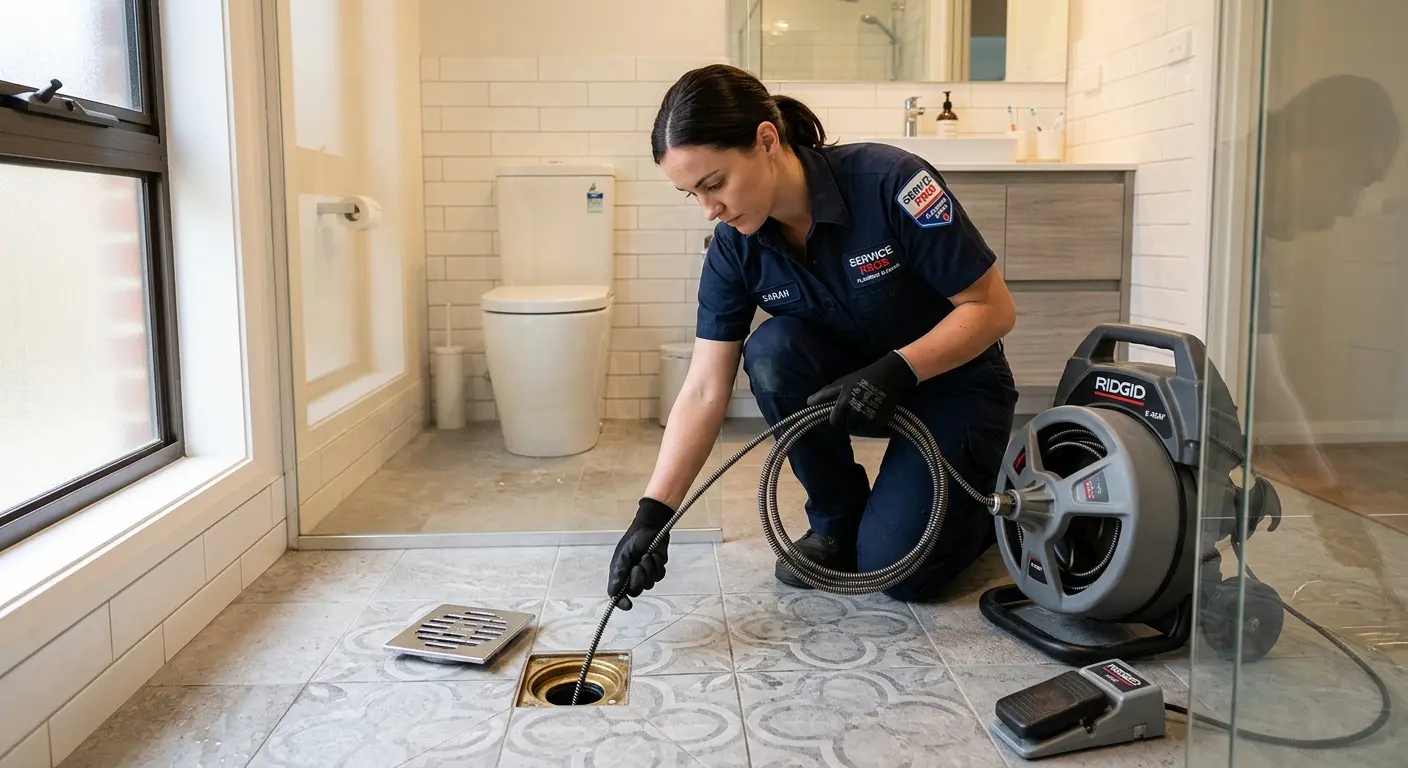 Technician clearing a bathroom floor drain for Sewer Line Replacement in Paris
